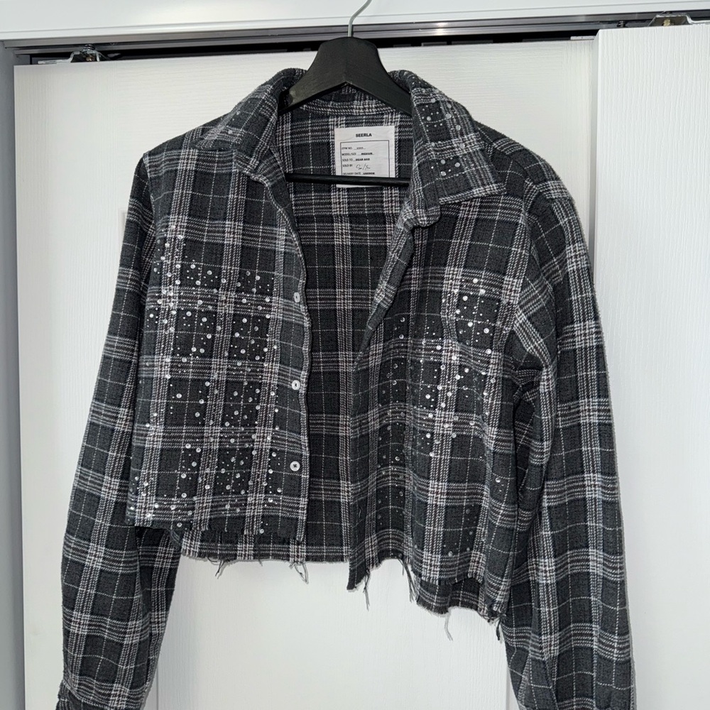 Cropped Black and Gray Plaid Jean Jacket with Rhinestone